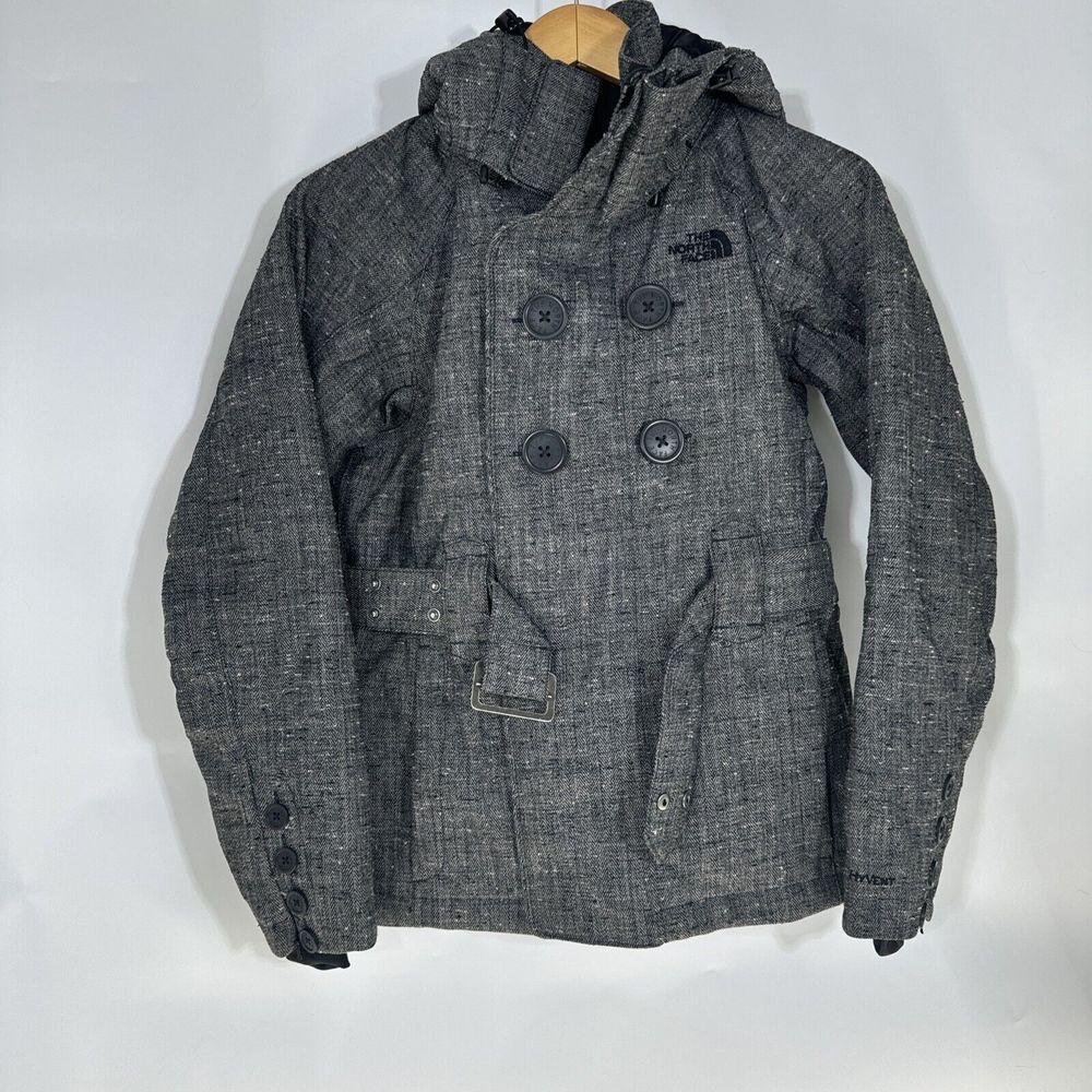 The North Face Womens HyVent Herringbone Tweed Belted Pea Coat Jacket Grey XS